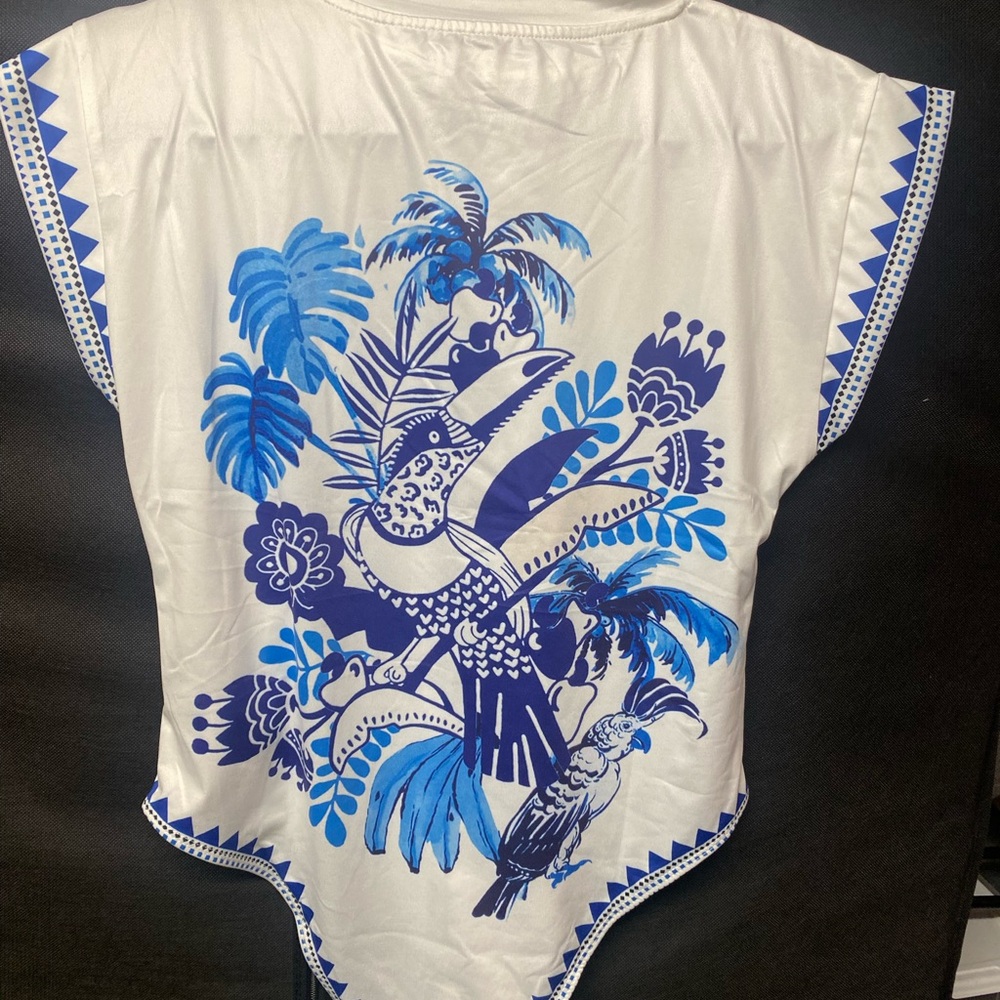 Tropical Blue and White Graphic Bodysuit